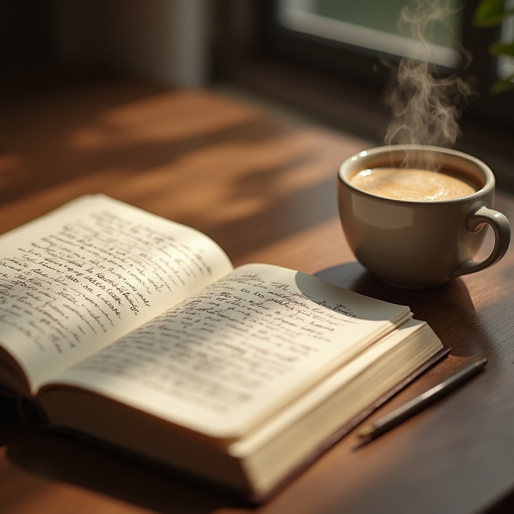 Carnet deschis lângă o cafea, folosit pentru notarea deciziilor zilnice din tranziția profesională